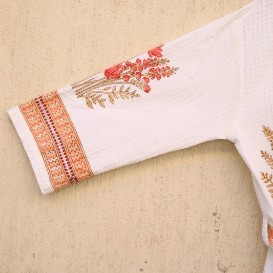 Ivory Peach Hand Block Printed Cotton Waffle Bathrobe