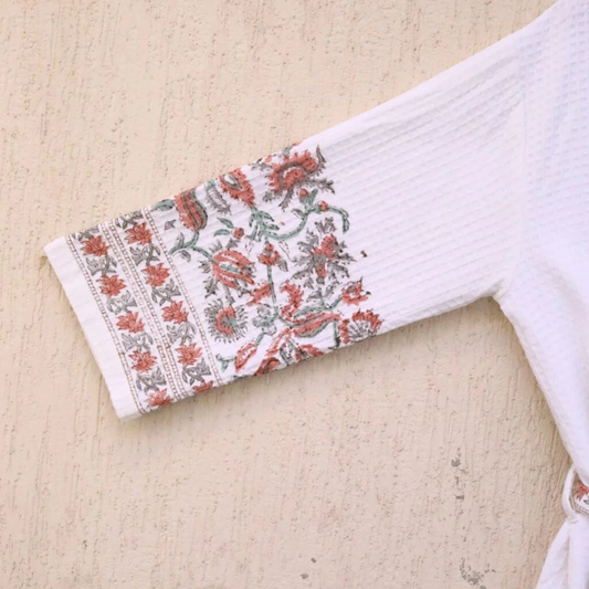 Red Grey Florals Hand Block Printed Cotton Waffle Bathrobe