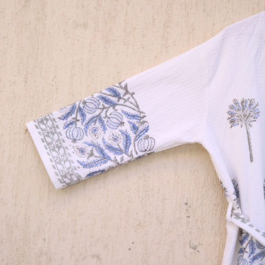 Blue Floral Hand Block Printed Cotton Waffle Bathrobe