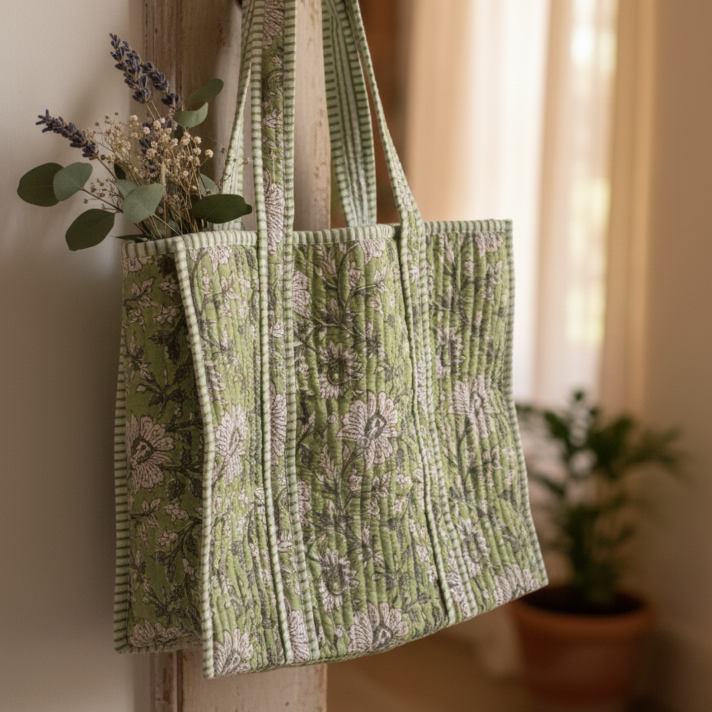Green Bahar Floral Cotton Quilted Tote Bag