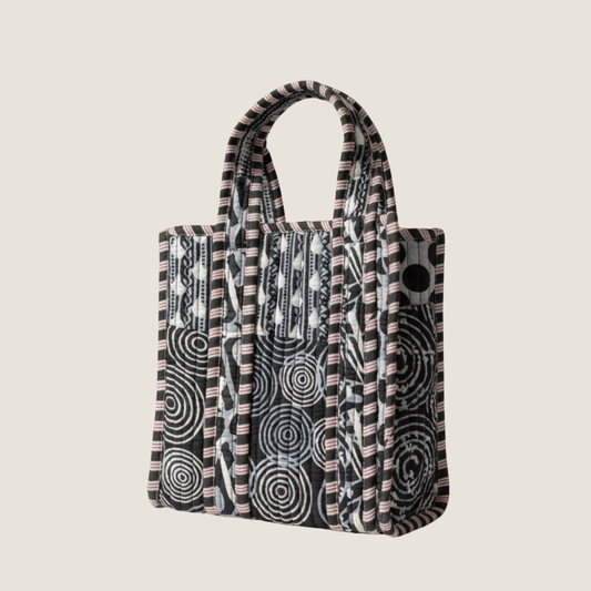 Black Geometric Floral Cotton Lunch Tote
