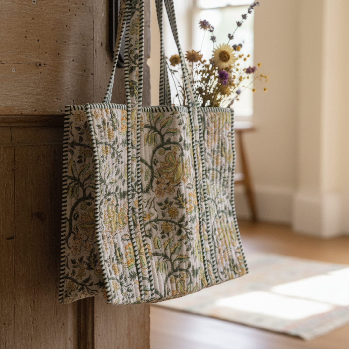 Pistachio Floral Cotton Quilted Tote Bag