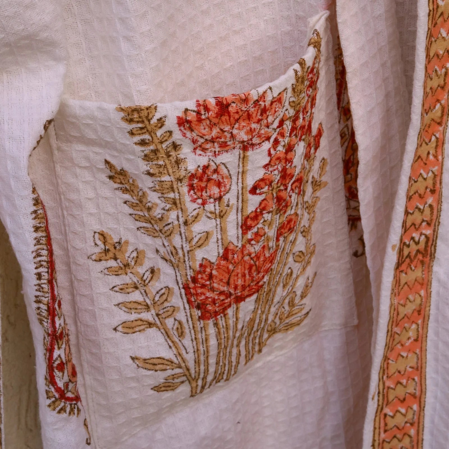 Ivory Peach Hand Block Printed Cotton Waffle Bathrobe