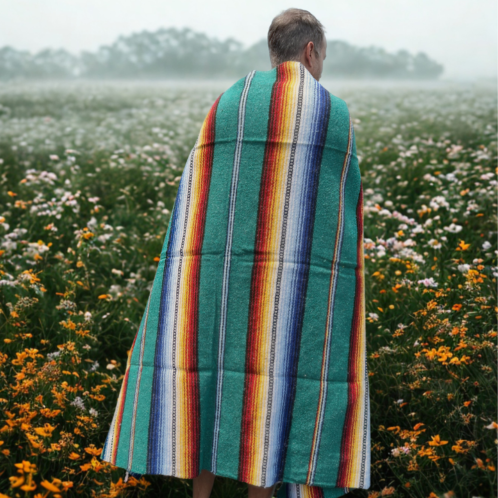 Teal Northern Lights Mexican Yoga Blanket