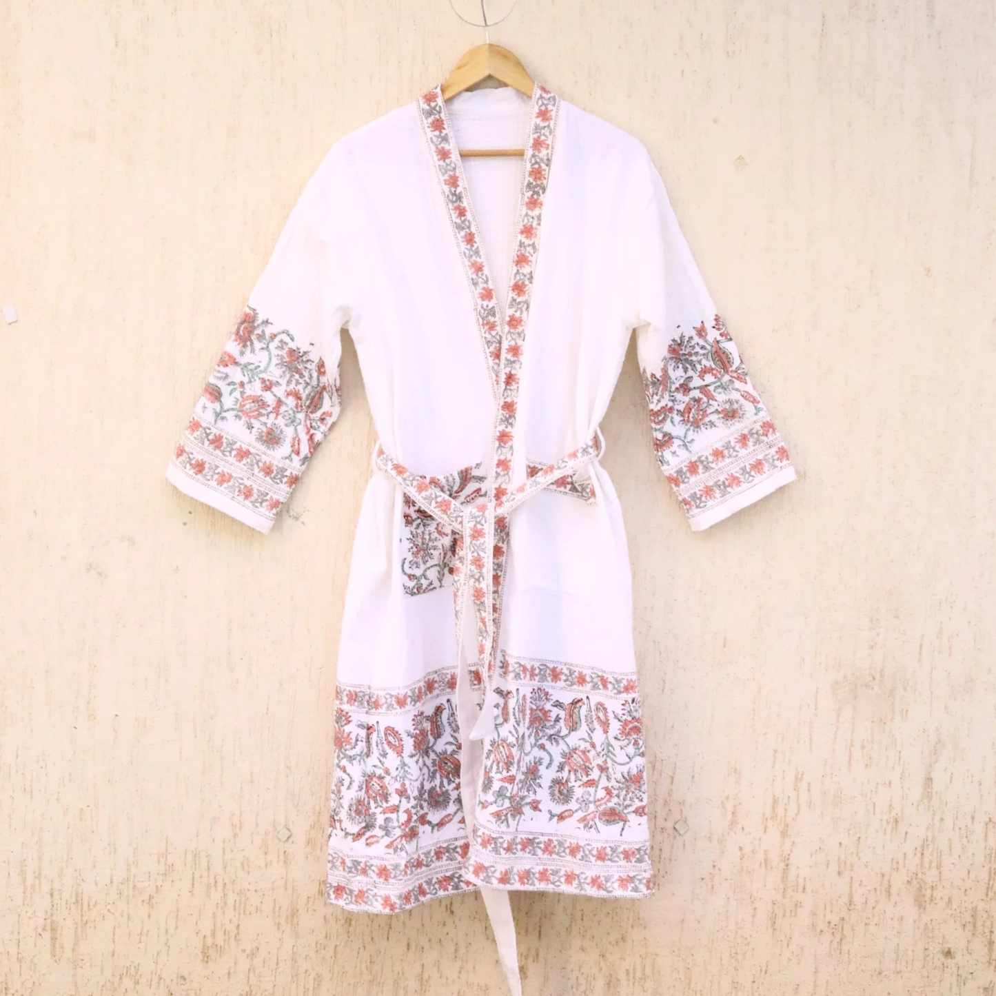 Red Grey Florals Hand Block Printed Cotton Waffle Bathrobe