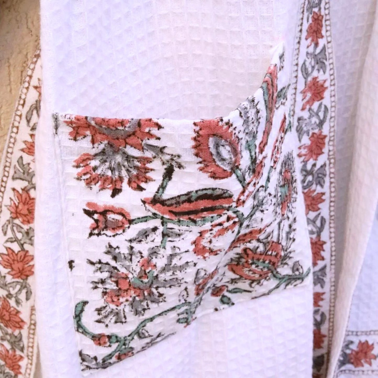 Red Grey Florals Hand Block Printed Cotton Waffle Bathrobe