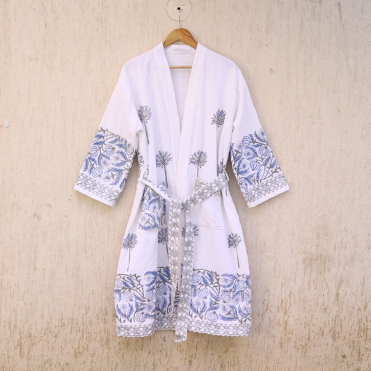 Blue Floral Hand Block Printed Cotton Waffle Bathrobe