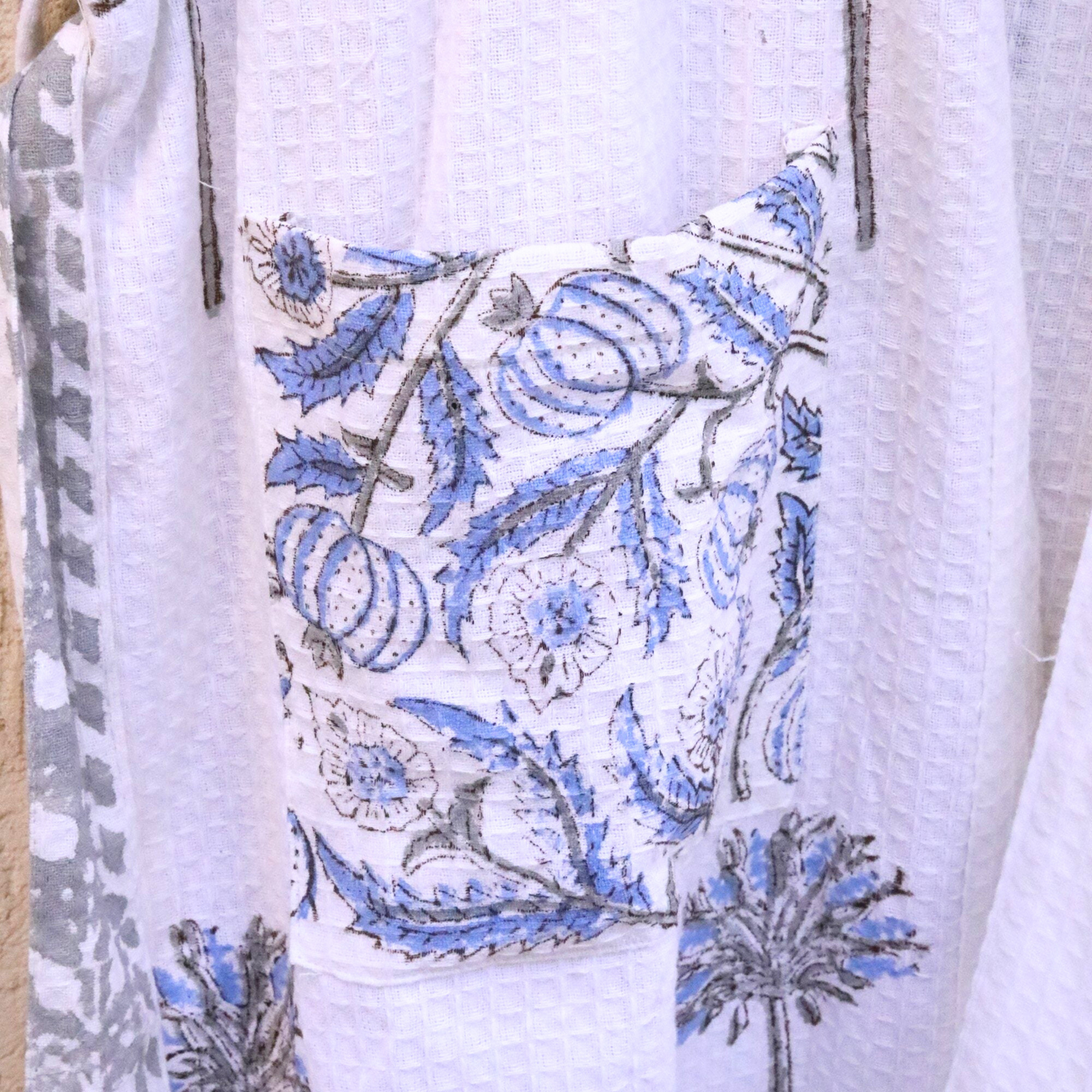 Blue Floral Hand Block Printed Cotton Waffle Bathrobe