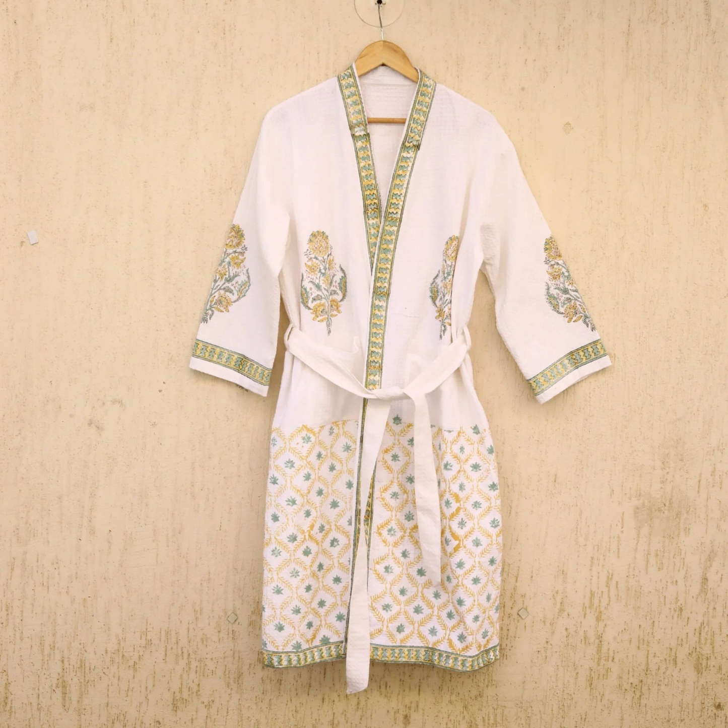 Olive Green Hand Block Printed Cotton Waffle Bathrobe