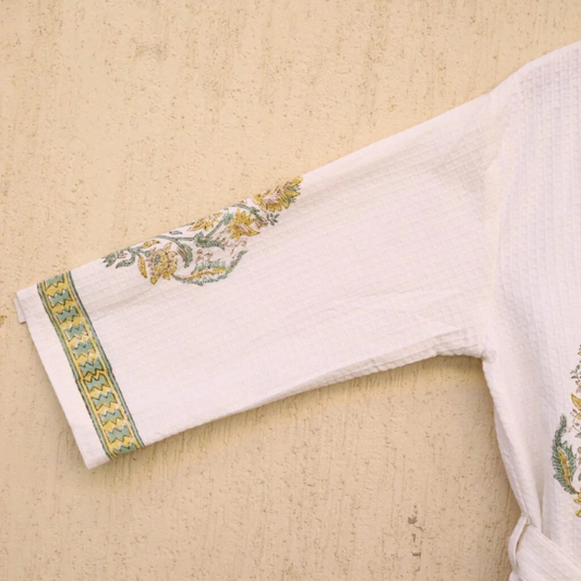 Olive Green Hand Block Printed Cotton Waffle Bathrobe