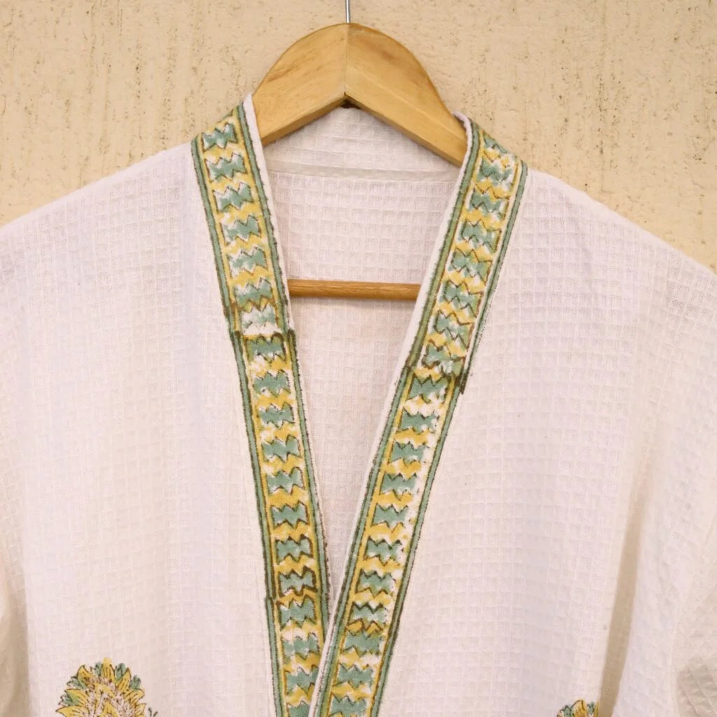 Olive Green Hand Block Printed Cotton Waffle Bathrobe