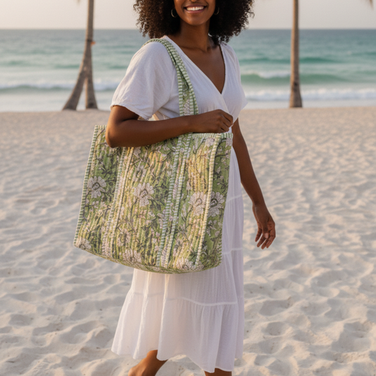 Green Bahar Floral Cotton Quilted Tote Bag