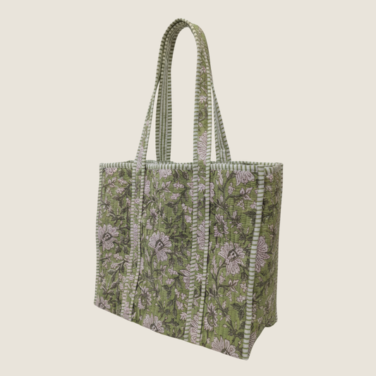 Green Bahar Floral Cotton Quilted Tote Bag