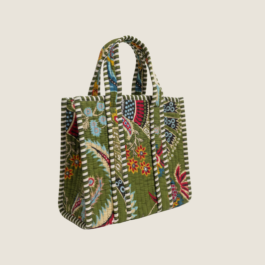 Green Floral Quilted Cotton Lunch Tote