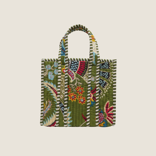 Green Floral Quilted Cotton Lunch Tote