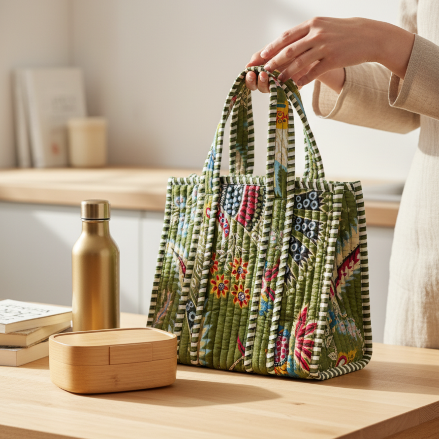 Green Floral Quilted Cotton Lunch Tote