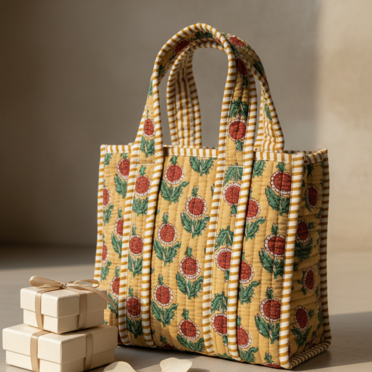 Yellow Floral Quilted Cotton Lunch Tote