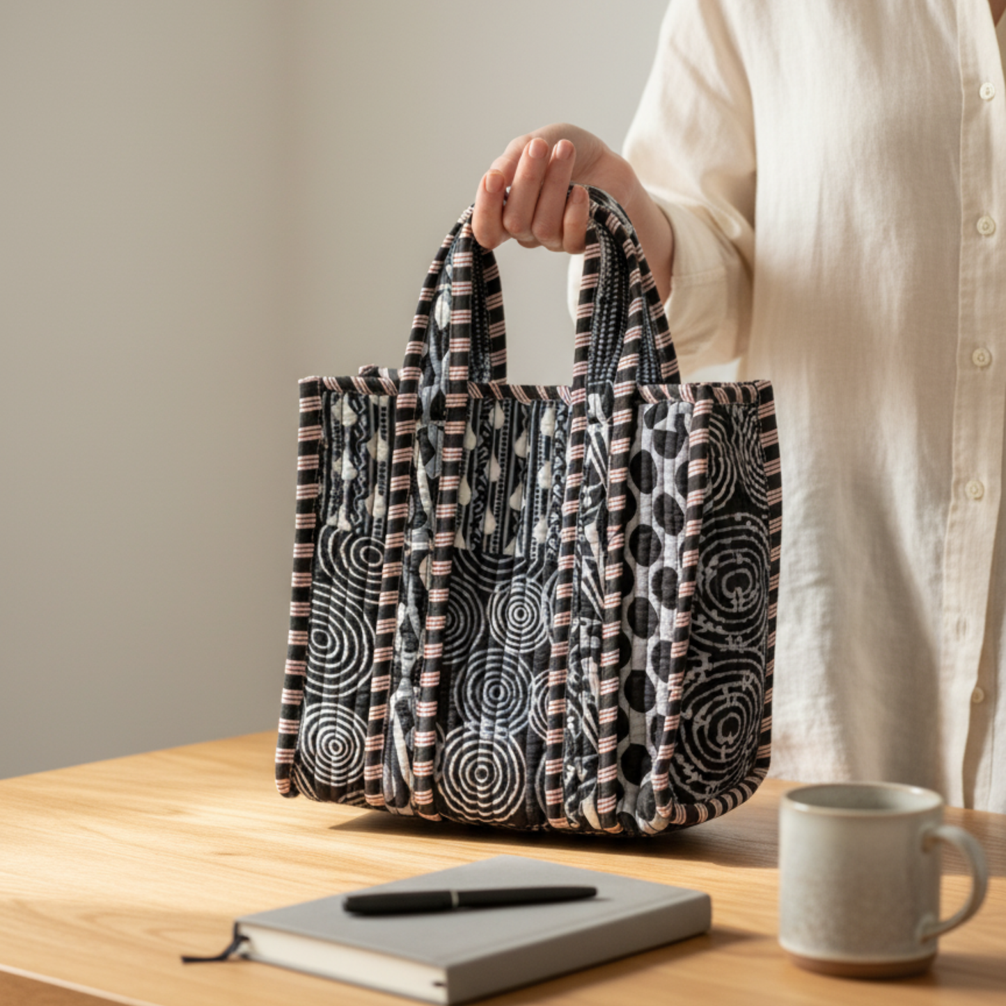 Black Geometric Floral Cotton Lunch Tote