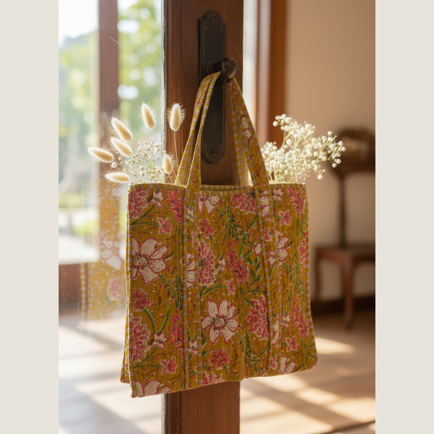 Yellow Floral Cotton Quilted Tote Bag