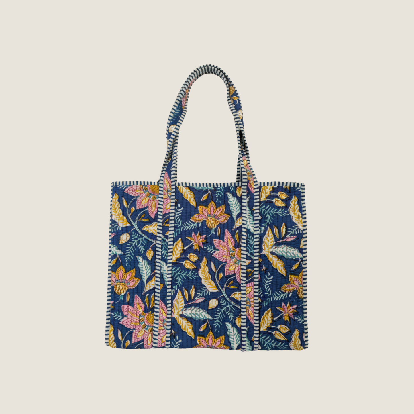 Blue Floral Cotton Quilted Tote Bag