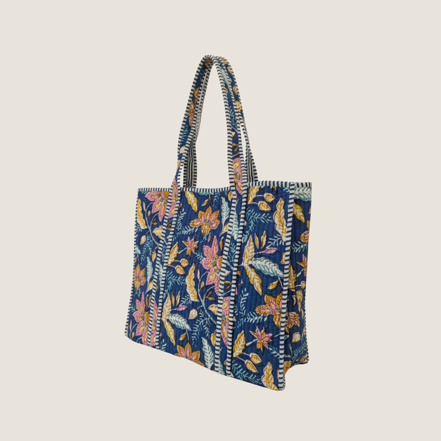 Blue Floral Cotton Quilted Tote Bag