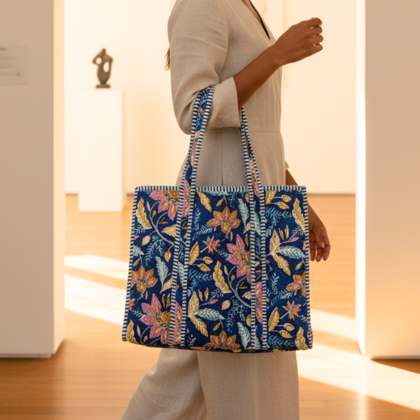 Blue Floral Cotton Quilted Tote Bag