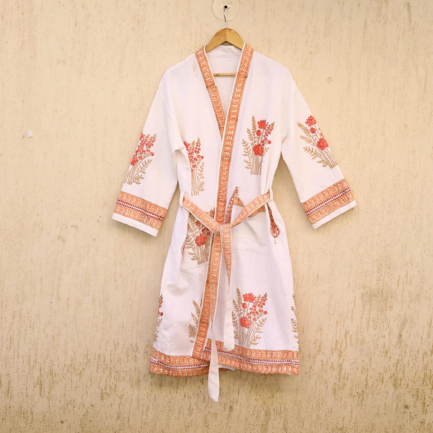 Ivory Peach Hand Block Printed Cotton Waffle Bathrobe