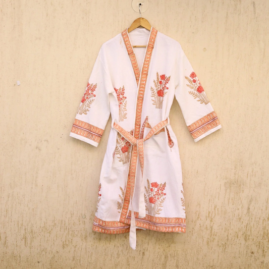 Ivory Peach Hand Block Printed Cotton Waffle Bathrobe